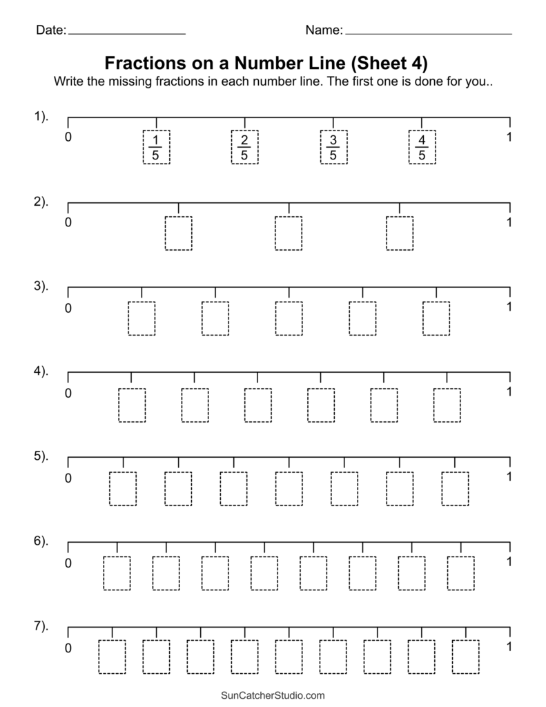 A fractions worksheet with seven number lines from 0 to 1, labeled with dashed answer boxes; the first line is completed in fifths.