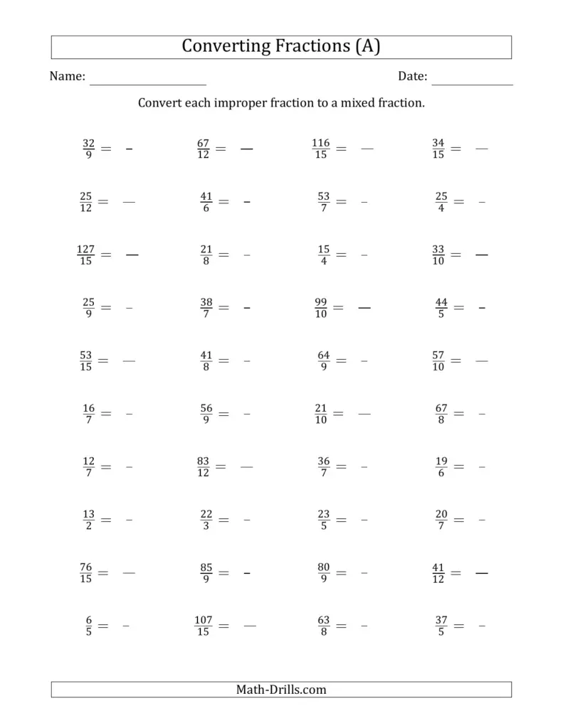 A worksheet titled “Converting Fractions (A)” with rows of improper fractions to convert into mixed fractions, plus name and date lines.