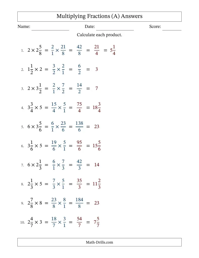 An answer worksheet titled “Multiplying Fractions (A) Answers,” showing ten worked problems multiplying whole numbers and mixed numbers by fractions.