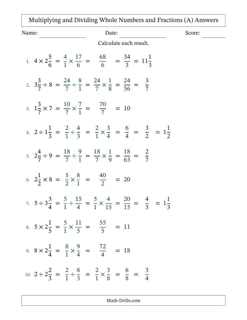 A worksheet answer key titled “Multiplying and Dividing Whole Numbers and Fractions,” with ten worked fraction problems and answers.