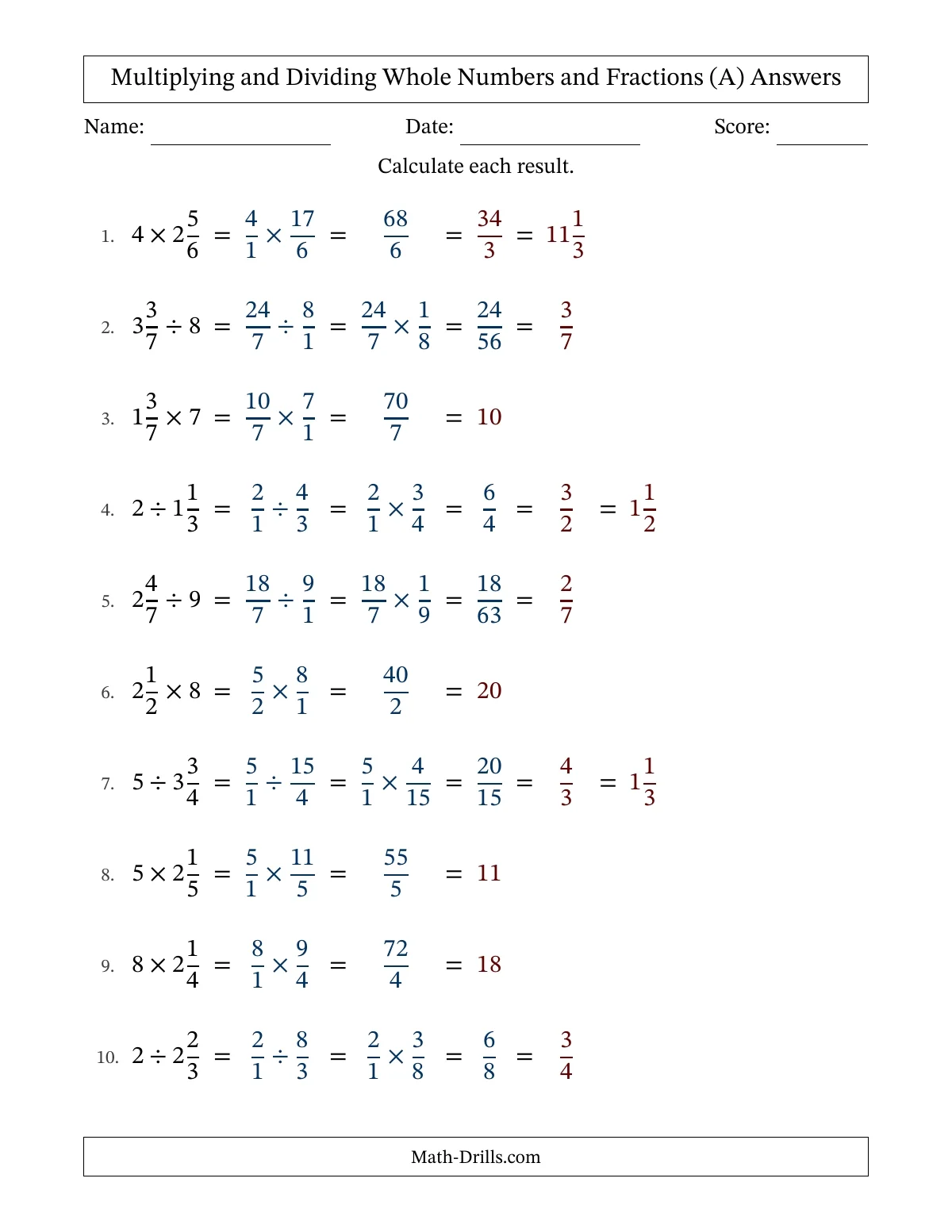 A worksheet answer key titled “Multiplying and Dividing Whole Numbers and Fractions,” with ten worked fraction problems and answers.