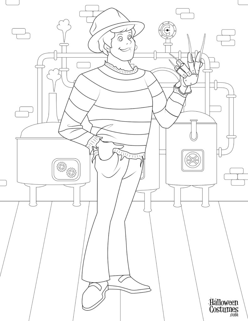 A cartoon character wearing a striped sweater and brimmed hat stands in a laboratory, holding up a gloved hand with long claws among pipes and machinery.