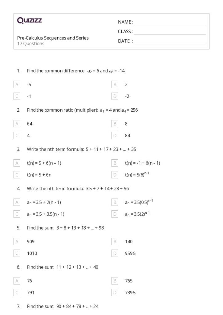 A pre-calculus sequences and series worksheet with multiple-choice questions on common differences, ratios, nth-term formulas, and sums.