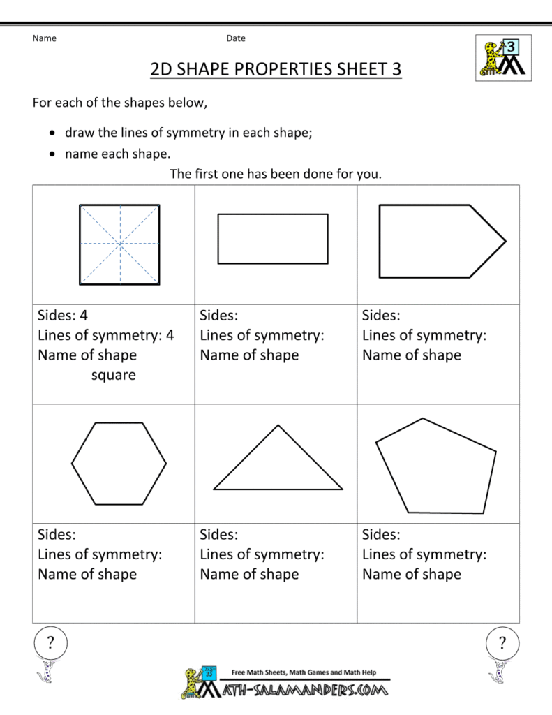 A 2D shape properties worksheet asks students to draw lines of symmetry and name shapes, showing a completed square example and blank tasks for a rectangle, pentagon-like shape, hexagon, triangle, and irregular pentagon.