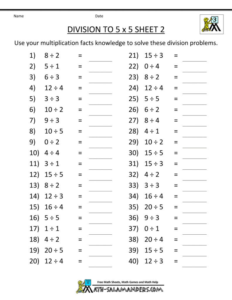 A division worksheet titled “Division to 5 x 5 Sheet 2,” with 40 division problems arranged in two columns and blank lines for answers.
