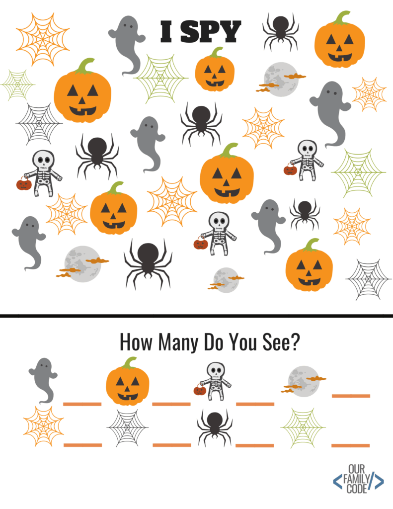 Halloween counting worksheet with ghosts, pumpkins, skeletons, moons, spiderwebs, and spiders to count, followed by blank answer lines.