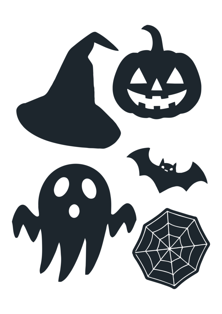 Black Halloween silhouettes on a white background: a floppy witch hat, smiling jack-o'-lantern, flying bat, surprised ghost, and outlined spiderweb.