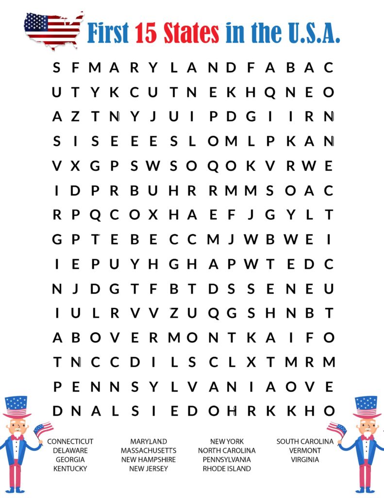 A children’s word-search worksheet titled “First 15 States in the U.S.A.” It has a large letter grid, a list of state names below, and patriotic illustrations of the U.S. flag and Uncle Sam.