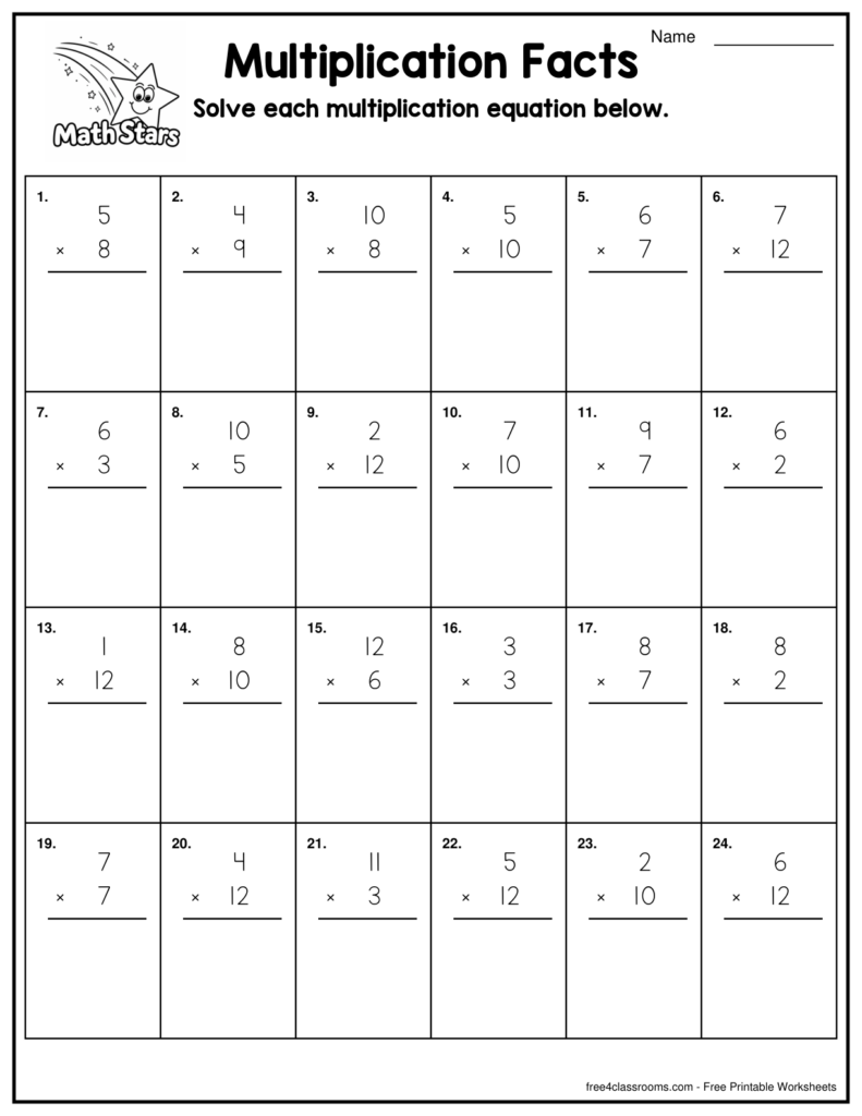 A multiplication facts worksheet with 24 numbered equations arranged in a grid, each with a blank line for the answer.