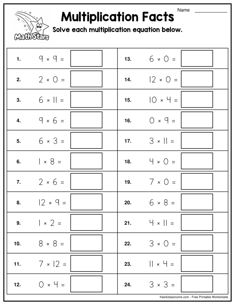 A two-column multiplication worksheet titled “Multiplication Facts,” with 24 equations and blank boxes for answers.