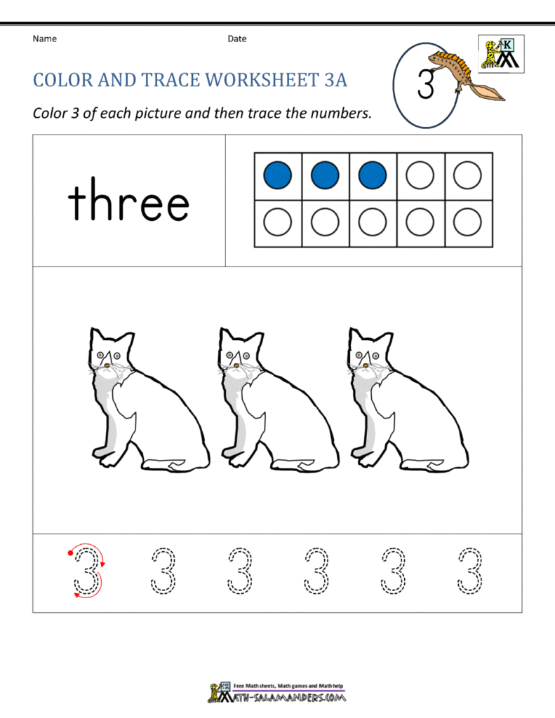A number-three worksheet with the word “three,” three cats to color, three blue counters, and dotted numeral threes to trace.