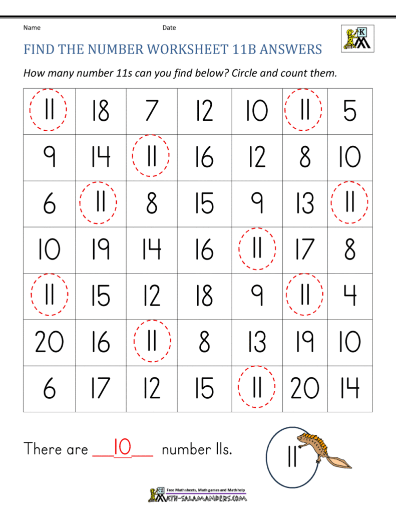A number worksheet asks students to circle and count the 11s in a grid; ten 11s are circled, and the answer line is filled in with 10.