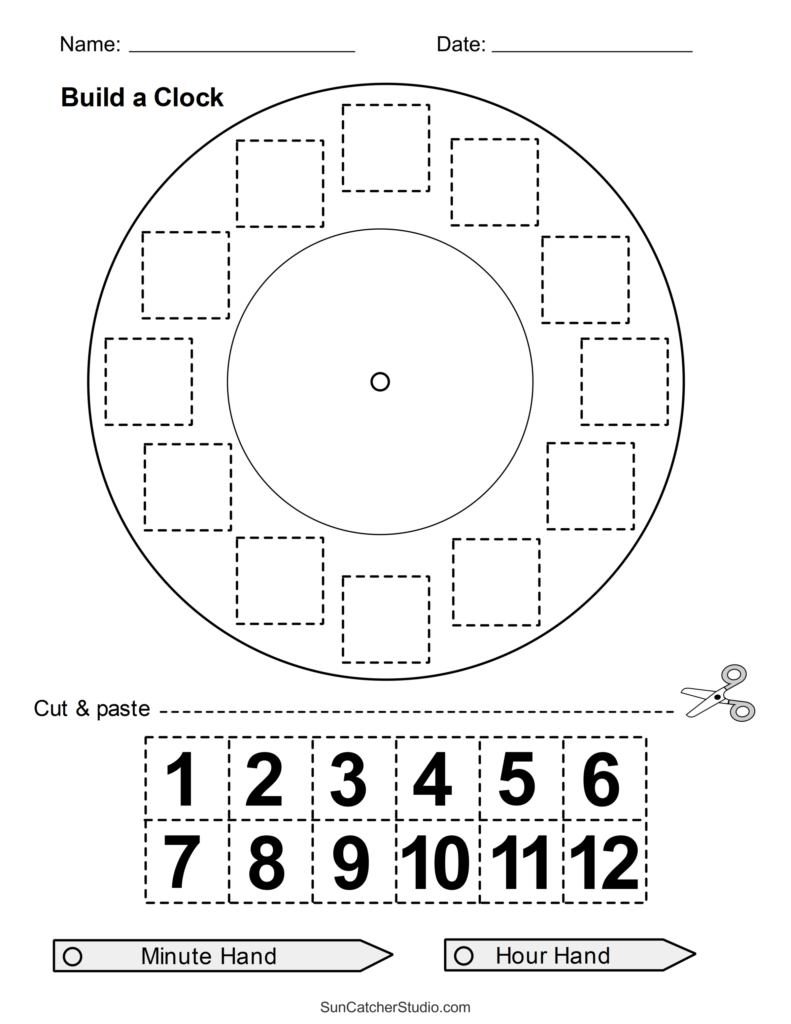 A clock-building worksheet with a blank clock face, dashed number cutouts, numbered pieces from 1 to 12, and labeled minute- and hour-hand pieces.