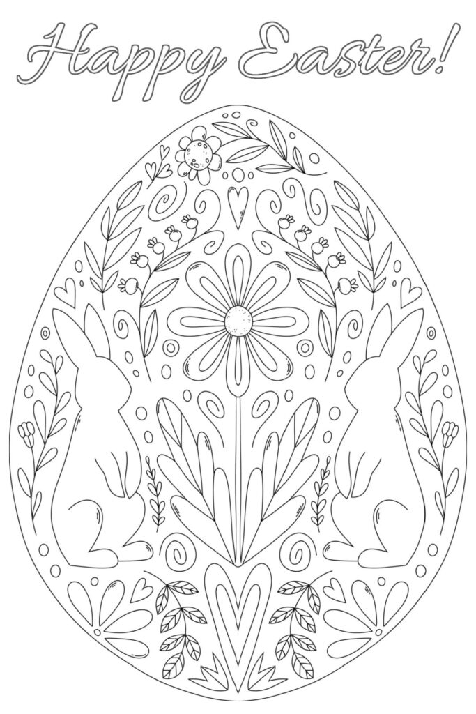 Easter coloring page with “Happy Easter” lettering above a large patterned egg featuring two rabbits, flowers, leaves, and decorative hearts.