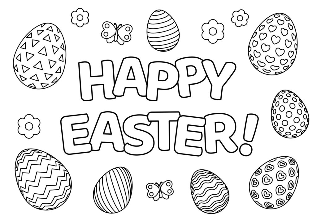 Easter coloring page with large outlined “Happy Easter” lettering surrounded by patterned eggs, flowers, and butterflies.