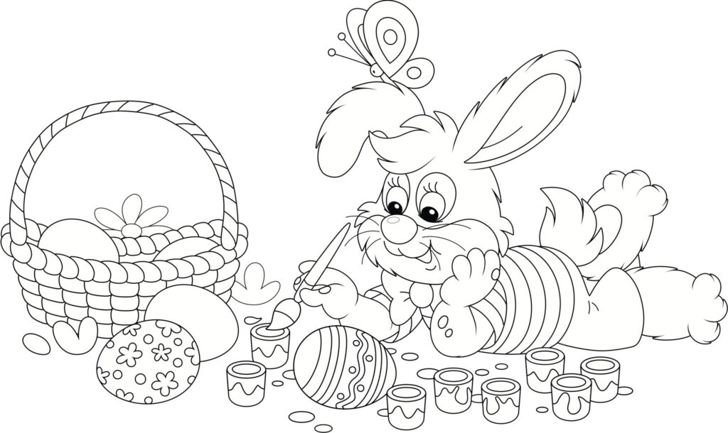 Easter coloring page showing a smiling bunny painting decorated eggs beside a basket, with paint pots and a butterfly.