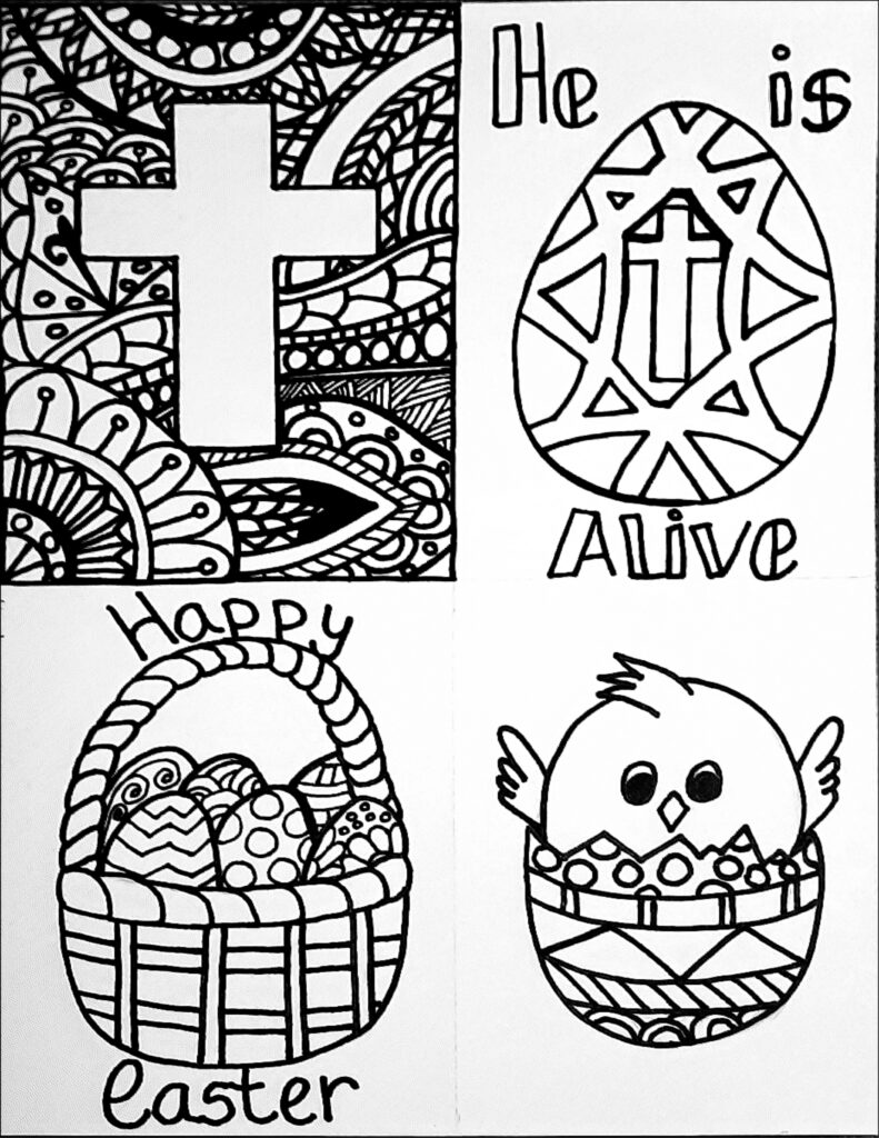 Four Easter coloring illustrations: a patterned cross, a decorated egg reading “He is Alive,” a basket of eggs, and a chick hatching from a patterned egg.