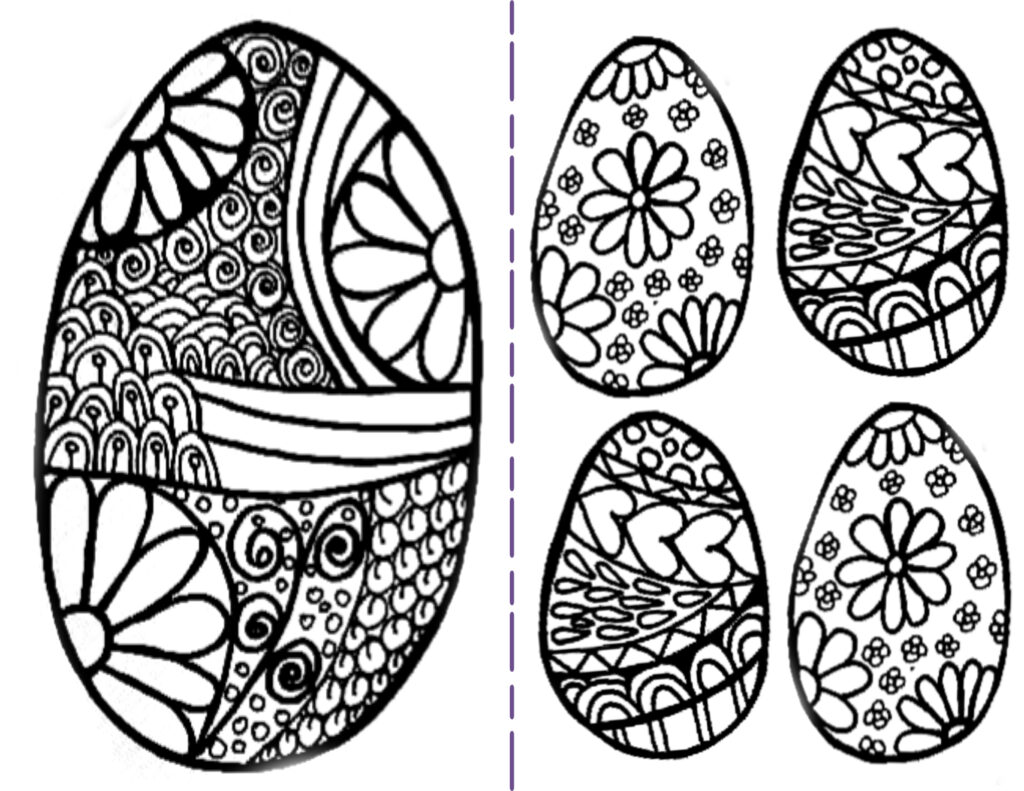 A large patchwork-patterned Easter egg beside four smaller eggs decorated with flowers, leaves, stripes, and geometric designs.