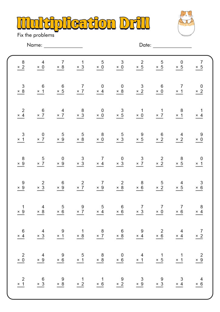A multiplication drill worksheet titled “Multiplication Drill,” with name and date lines, a small cat illustration, and rows of single-digit multiplication problems.