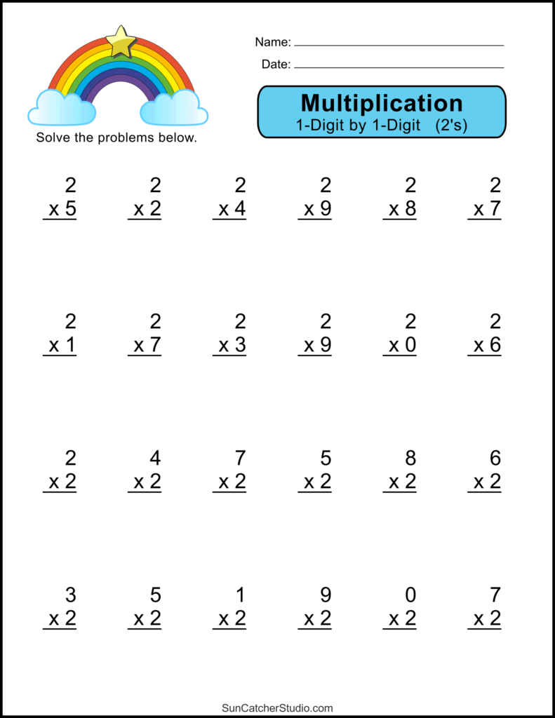 A one-digit multiplication worksheet with a rainbow header and rows of vertical multiplication problems, including multiples of 2.