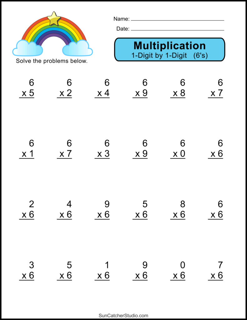 A multiplication worksheet with rows of one-digit problems, a colorful rainbow and star at the top, and blank Name and Date lines.