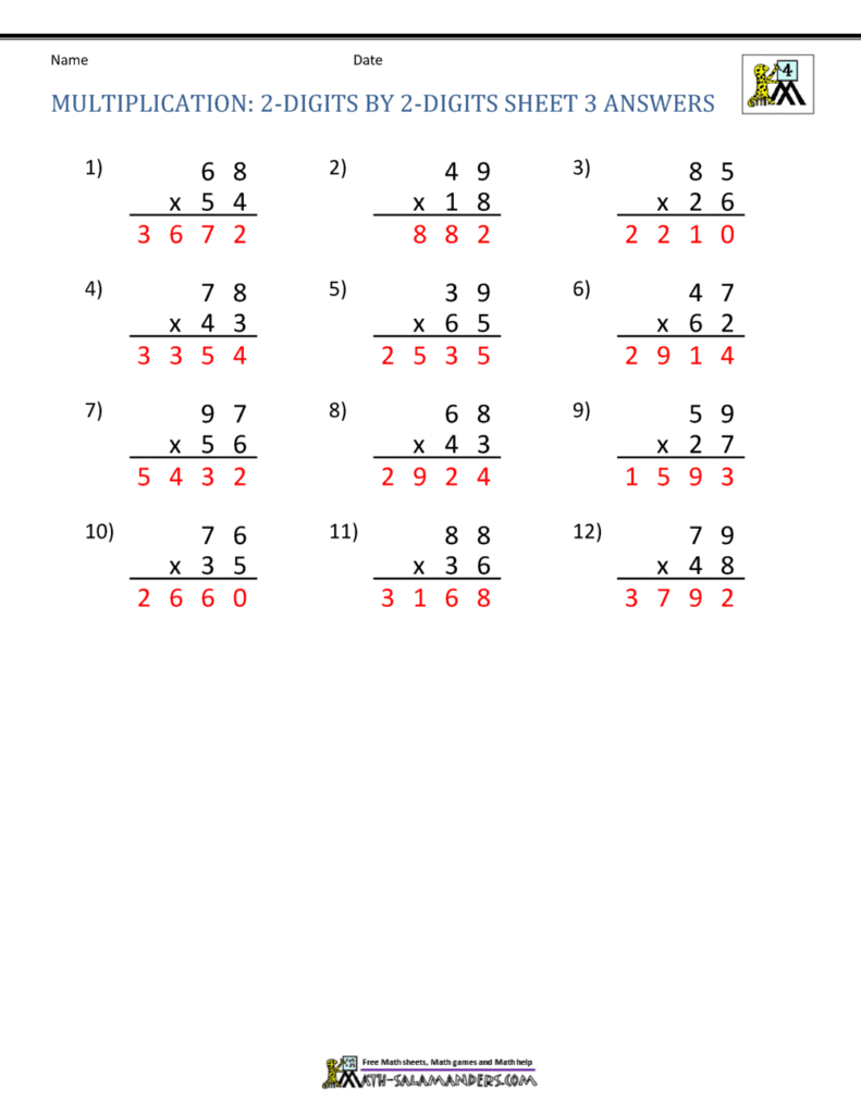 A two-digit multiplication answer worksheet with 12 vertical multiplication problems and red answers, titled “Multiplication: 2-Digits by 2-Digits Sheet 3 Answers.”.