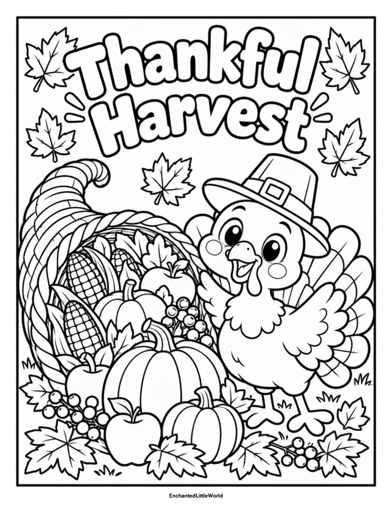 Thanksgiving coloring page featuring a cartoon turkey in a pilgrim hat among pumpkins, corn, apples, grapes, and leaves, with “Thankful Harvest” lettering.