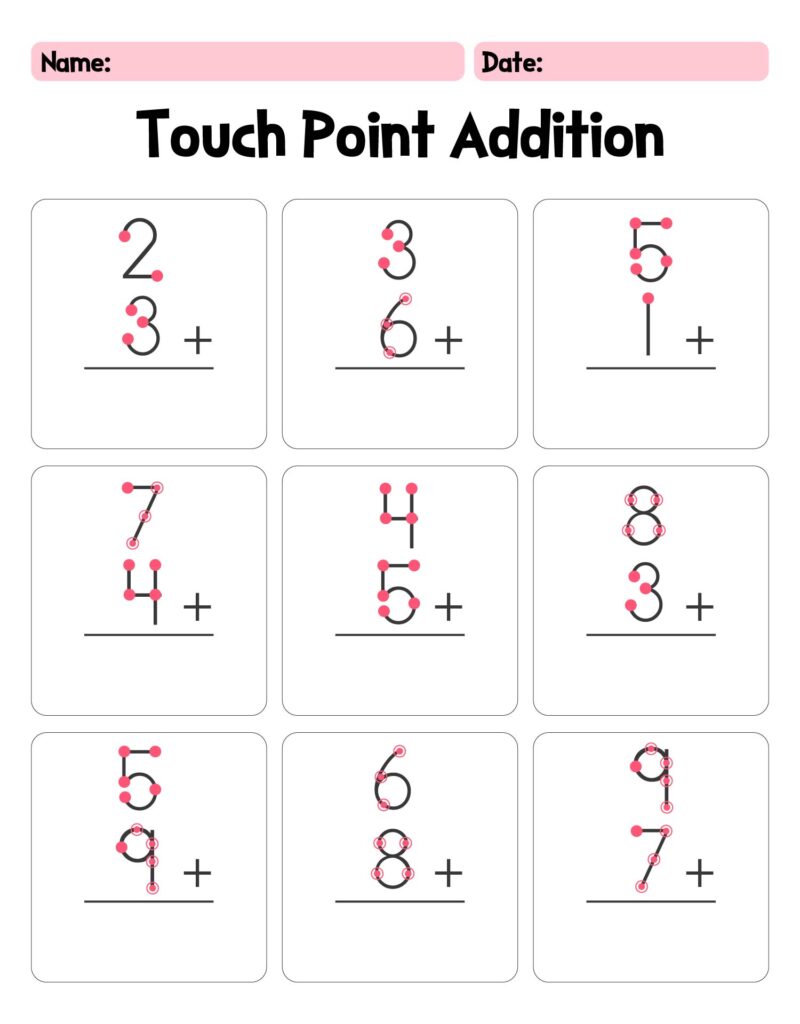 A Touch Point Addition worksheet with nine boxed problems pairing numerals and plus signs above blank answer lines; pink dots mark the touch points on each numeral.