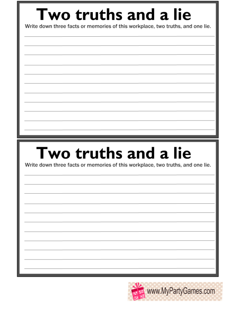 Two blank “Two truths and a lie” workplace worksheets, each with a prompt and lined space for writing three statements.