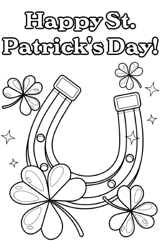 A St. Patrick’s Day coloring page with several shamrocks, a horseshoe, and stars beneath a greeting.