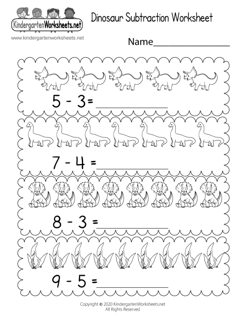 A black-and-white dinosaur subtraction worksheet with four illustrated problems: 5 − 3, 7 − 4, 8 − 3, and 9 − 5, each with a blank answer line.