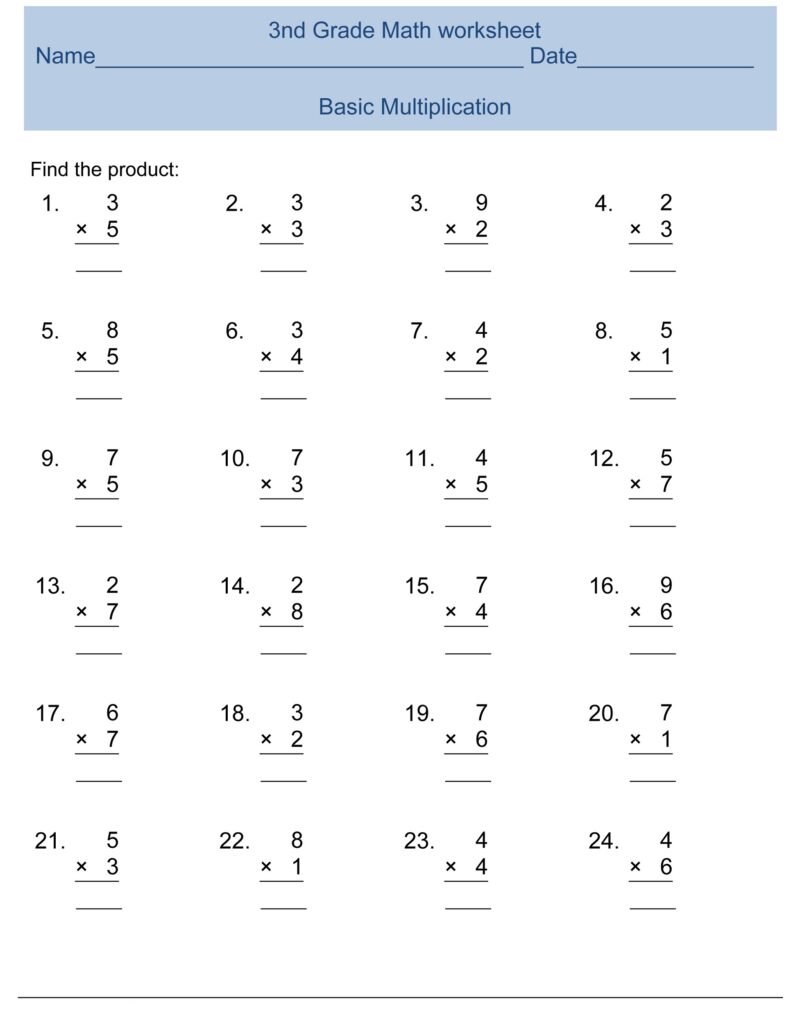 Third-grade basic multiplication worksheet with 24 single-digit multiplication problems, numbered answer spaces, and name and date fields.