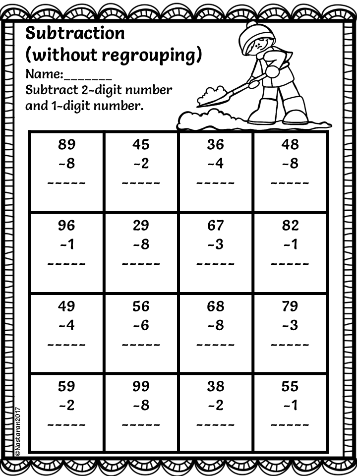 A black-and-white winter subtraction worksheet shows a child shoveling snow above a grid of two-digit subtraction problems, each with space for an answer.
