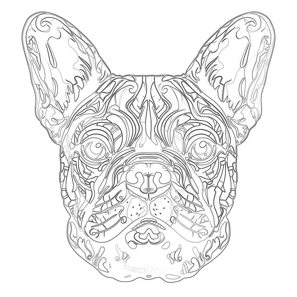 Intricate symmetrical outline of a French bulldog’s face, with large upright ears, expressive eyes, and patterned facial details.