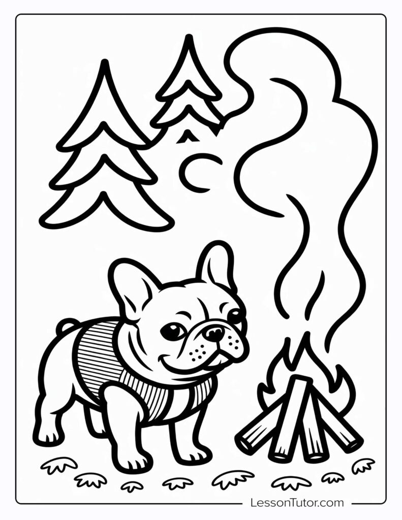 A French bulldog wearing a striped sweater stands beside a campfire, with pine trees and smoke in the background.