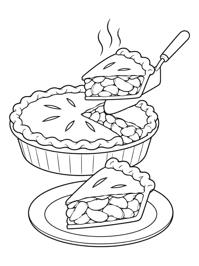 Black-and-white line drawing of a crimped pie with a slice lifted by a server and another slice on a plate.