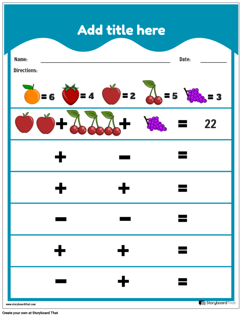 A fruit-number puzzle worksheet assigns values to an orange, strawberry, apple, cherries, and grapes, followed by equation rows with plus and minus signs to complete.
