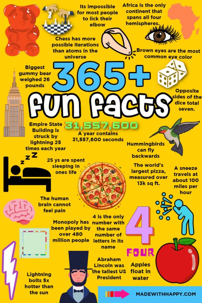 A bright yellow “365+ Fun Facts” infographic with illustrations and short facts about chess, animals, the Empire State Building, pizza, and other topics.