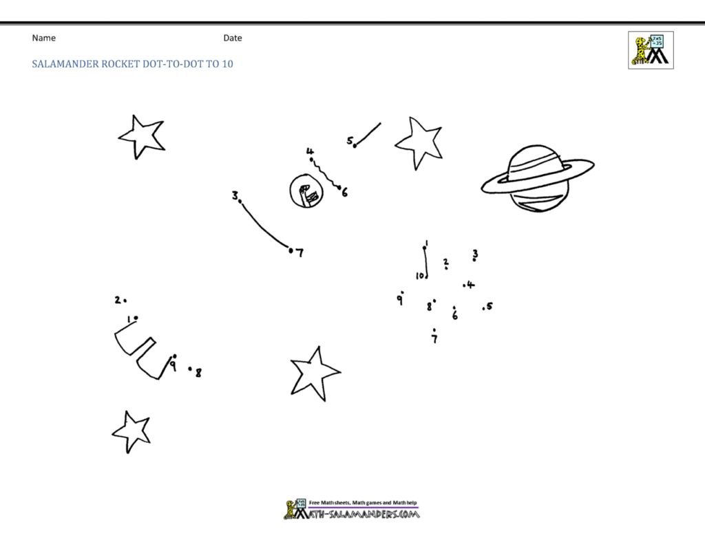 A space-themed dot-to-dot worksheet with numbered sequences forming a rocket and other shapes, including stars, a planet, and an astronaut.