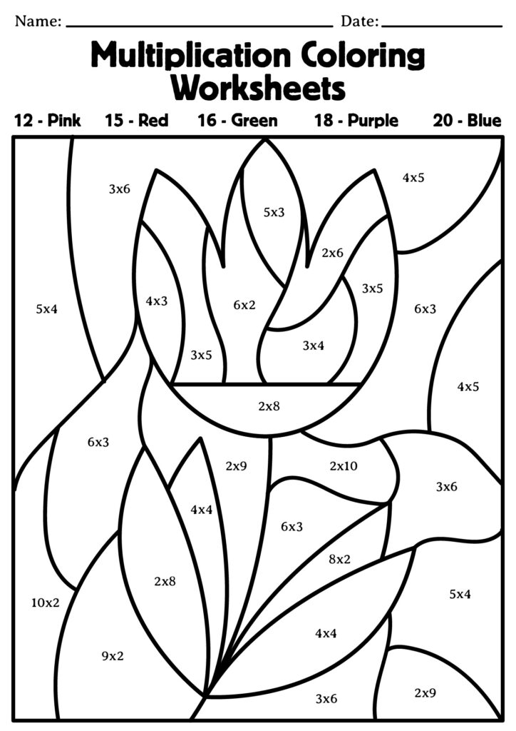 A multiplication coloring worksheet with a flower-like design divided into sections labeled with multiplication problems and a color key at the top.