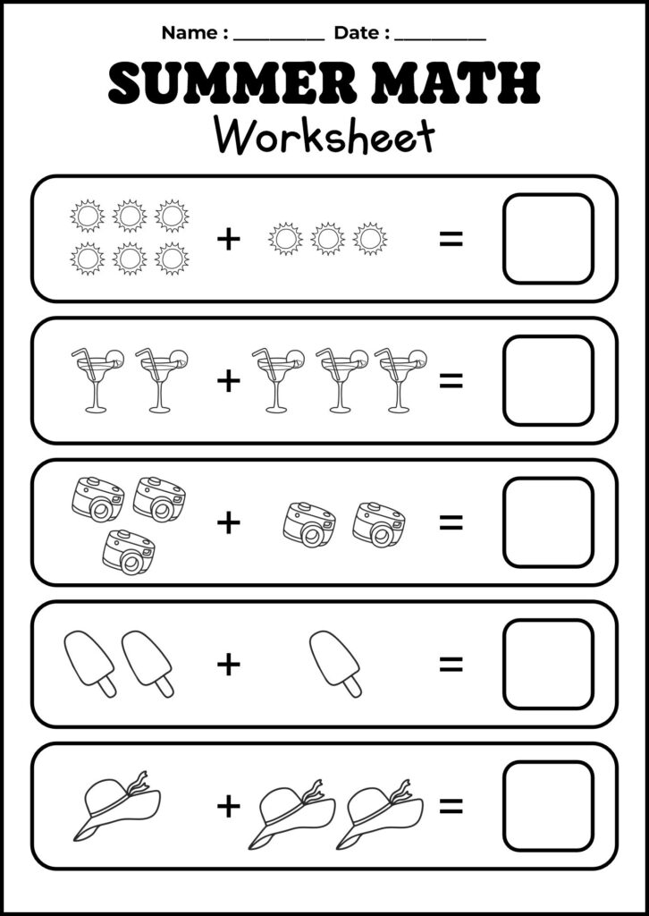 A summer math worksheet with five picture-addition problems featuring suns, drinks, cameras, popsicles, and hats, each with a blank answer box.