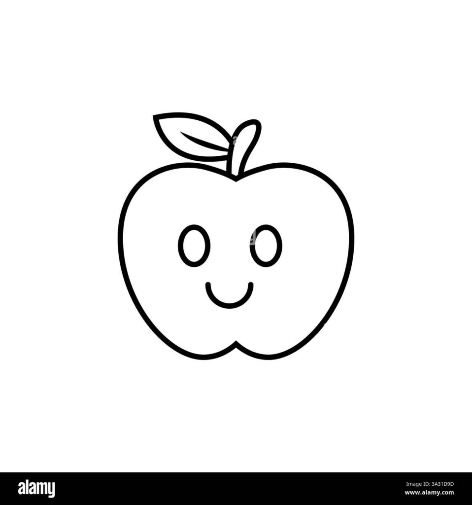 Simple black-outline drawing of a smiling apple with two oval eyes, a curved mouth, a stem, and a leaf.