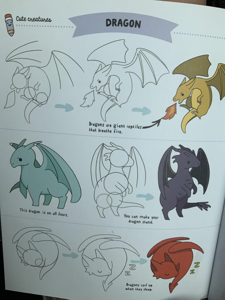A dragon drawing guide shows step-by-step sketches and colored examples of a winged dragon breathing fire, standing, and curled up asleep.