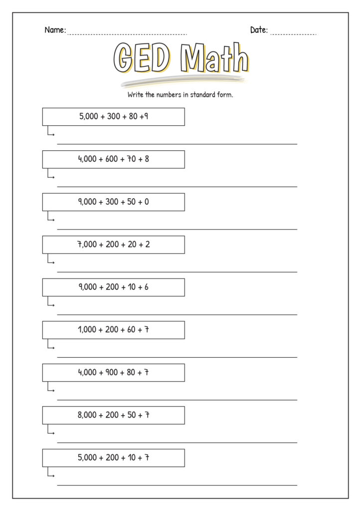 GED Math worksheet with nine expanded-number problems and blank lines for writing each number in standard form.