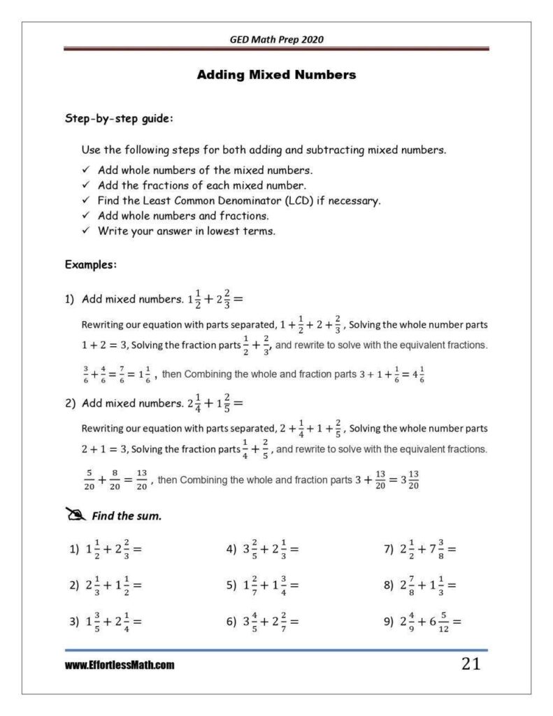 A GED math worksheet explains how to add mixed numbers with worked examples, followed by nine practice problems asking students to find the sum.