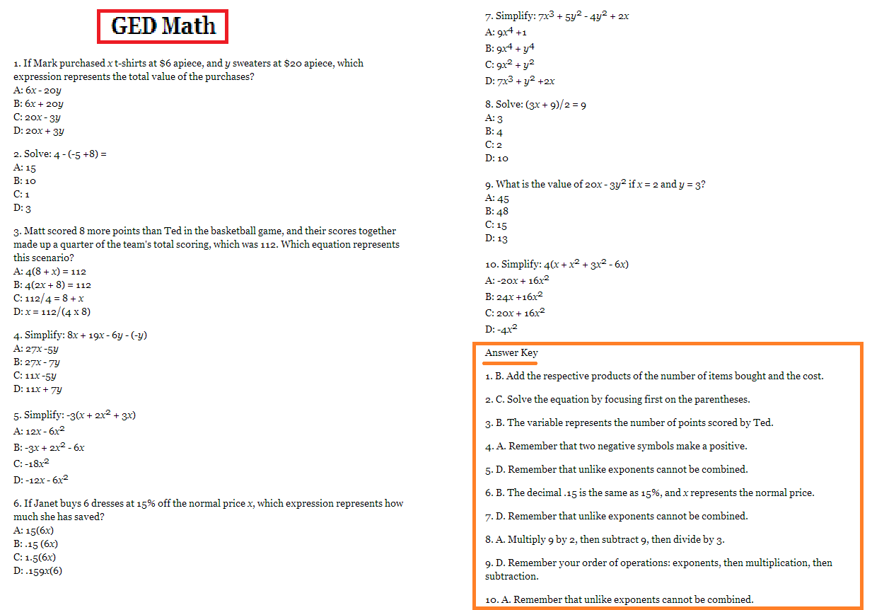 GED math worksheet with multiple-choice questions on expressions, equations, and exponents, plus an answer key in an orange-outlined box.