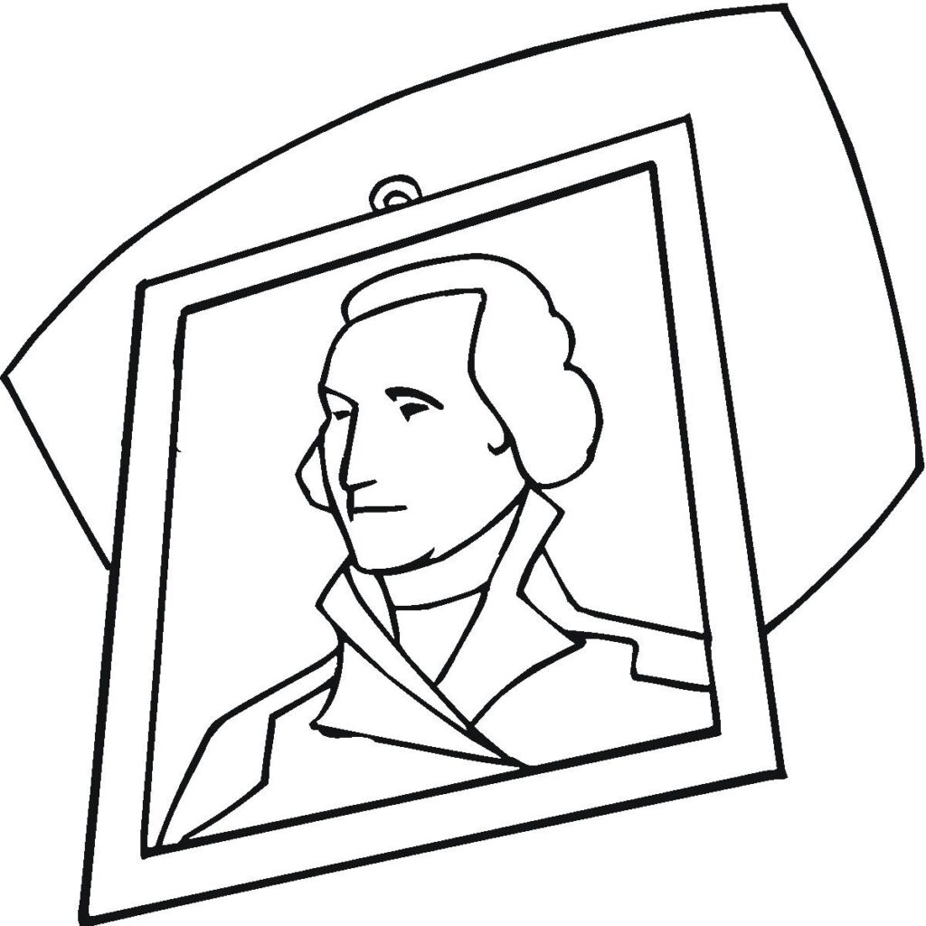Simple black-and-white line drawing of a colonial-era man with tied-back hair and a high-collared coat, shown inside a hanging picture frame.