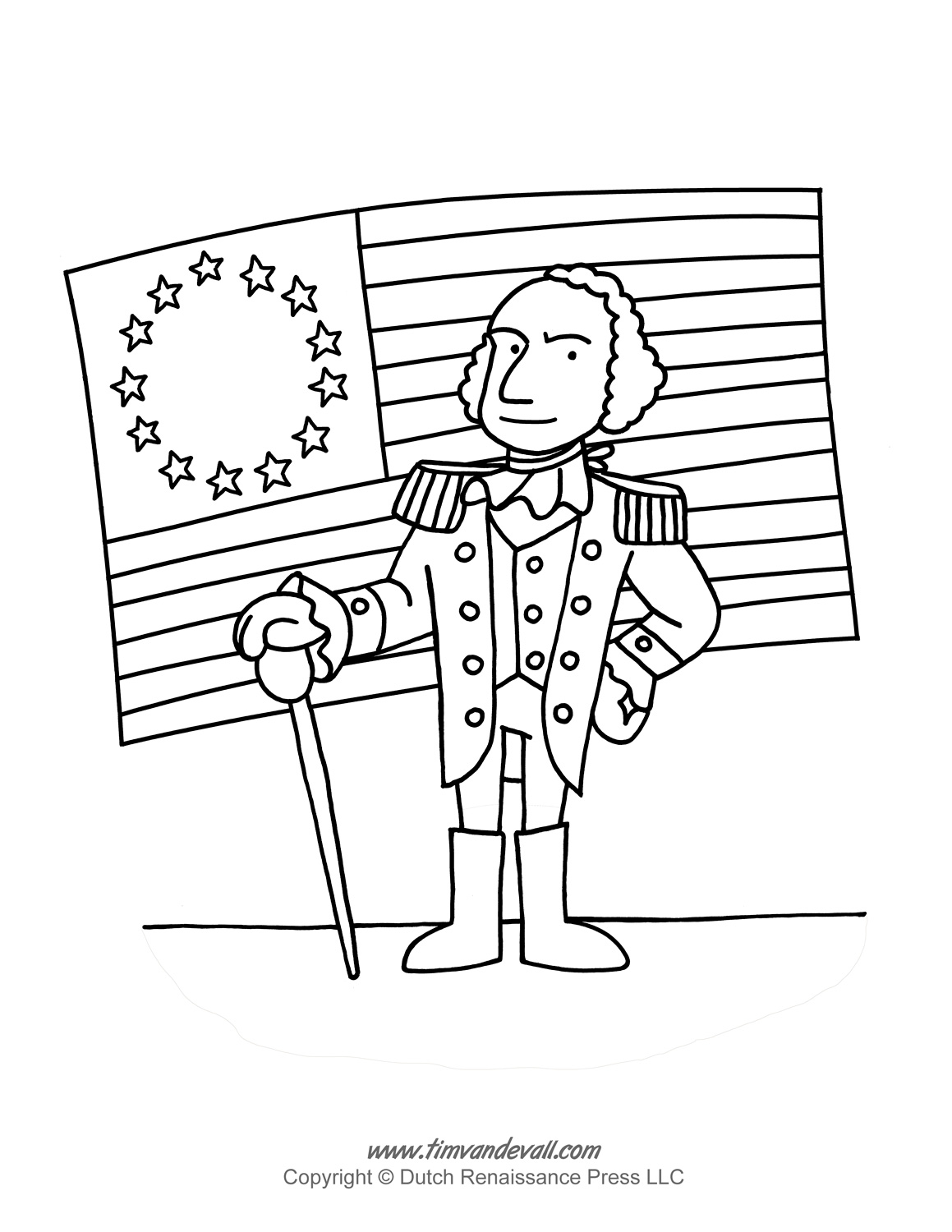 Black-and-white outline drawing of George Washington in uniform, holding a cane in front of a flag with stars and stripes.