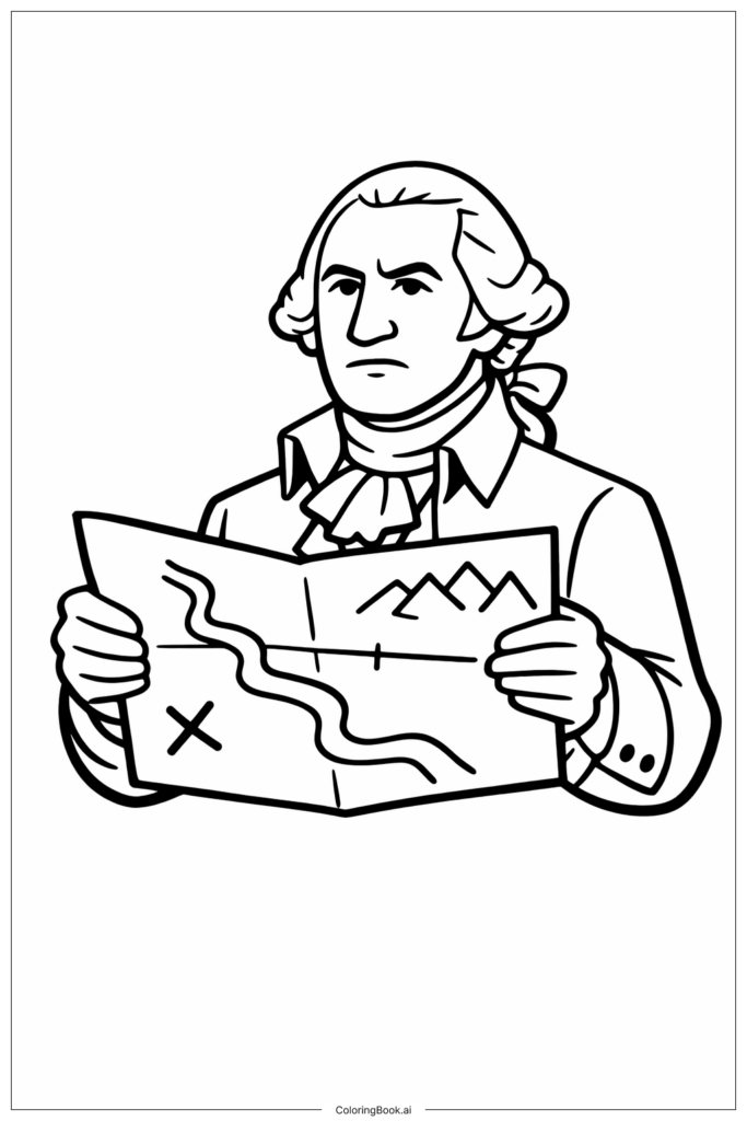 Black-and-white line drawing of George Washington in colonial clothing holding an open map marked with a river, mountains, and an X.
