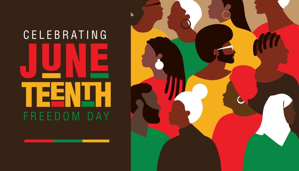 A Juneteenth Freedom Day poster with bold red, yellow, and green lettering beside an illustration of a diverse group of people.
